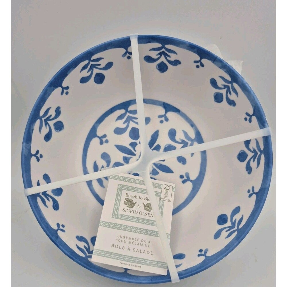 Beach to Bistro Sigrid Olsen Set of 4 Melamine Salad Bowls Blue White 7.5" New
